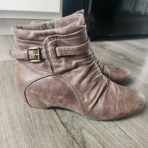 BareTraps Taupe Ruched Ankle Booties with Buckle
